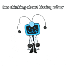 a cartoon character with a monitor on his head is standing in a lab coat and thinking about kissing a boy .
