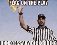 a referee is holding a yellow flag and says flag on the play unnecessary dick riding .