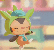 a cartoon character is jumping in the air with a green hat on .