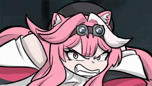 a cartoon drawing of a girl with pink hair and glasses