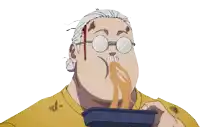 a cartoon drawing of a man eating noodles