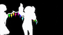 two silhouettes of a girl and a bat holding a string of colorful flags .