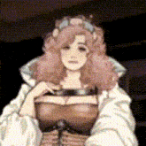 a pixelated drawing of a woman with pink hair and a crown on her head .