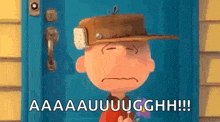 charlie brown from peanuts is standing in front of a blue door holding a bouquet of flowers .