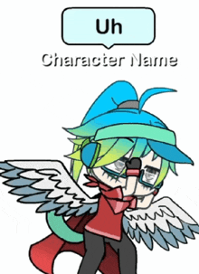 a drawing of a character with a speech bubble that says character name
