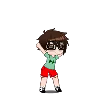 a boy with brown hair and glasses is wearing a green shirt and red shorts ..