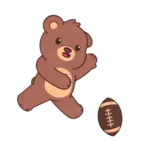 a brown teddy bear is holding a football with a stitched stripe