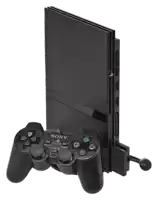 a black sony playstation 2 with a controller attached