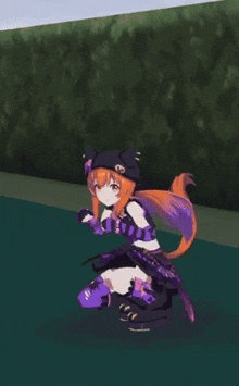 a cartoon girl in a purple dress and black hat