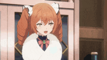 a girl with red hair is wearing a white fur coat and a bow