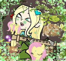 a cartoon of a girl playing a flute surrounded by ponies and deer