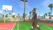 a couple of men walking on a basketball court