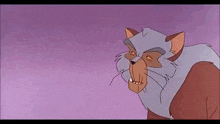a cartoon cat with a beard and a purple background is looking at the camera .