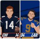 a cartoon of two football players with the number 14 and 34 on their jerseys