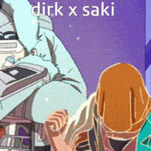 dirk x saki is written on a purple background in a cartoon