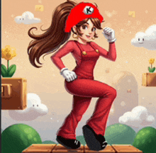 a girl in a mario costume is standing on a block