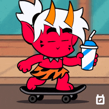 a red cartoon character is riding a skateboard and holding a cup