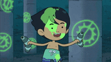 a boy with green paint on his face is holding a spray can