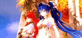 two anime characters standing next to each other with a blue sky in the background
