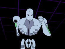 a green robot is glowing in the dark against a black background