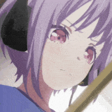 a close up of a anime girl with purple hair and horns