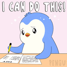 a penguin is writing on a piece of paper with the words " i can do this "