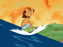 a cartoon of a boy riding a wave in the ocean