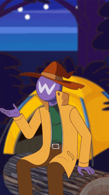 a cartoon character with a w on his head is sitting in front of a tent