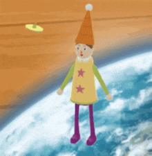 a cartoon character is standing on a planet wearing a hat