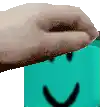 a close up of a person 's hand holding a blue bag with a smile on it