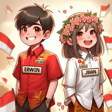 a boy and a girl are standing next to each other with erwin and jihan on their shirts
