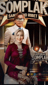 a man and woman are posing for a picture in front of a sign that says republik somplak