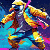 a penguin in a yellow jacket and blue pants is dancing