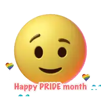 a yellow smiley face with balloons and the words happy pride month