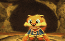 a cartoon squirrel is wearing a blue and yellow outfit with the letter e on it