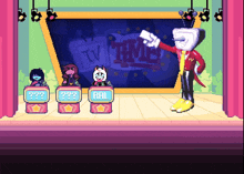 a pixel art drawing of a game show with a tv time logo in the background