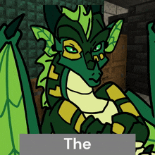 a cartoon of a green dragon with the word the under it