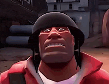 a cartoon soldier wearing a black helmet and a red jacket