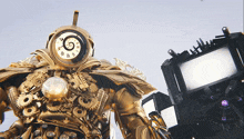 a statue of a robot with a clock on its head that says ' xii '