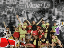 a group of children are posing in front of a wall that has the word mexela on it