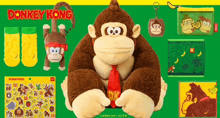a donkey kong stuffed animal is surrounded by various items