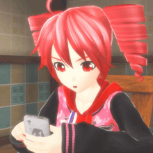a cartoon girl with red hair is holding a cell phone
