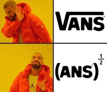 drake is wearing an orange jacket and making a funny face in front of the vans logo .