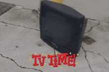 tv time is written in red on a gray background