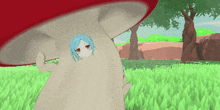 a girl with blue hair is hiding behind a large mushroom