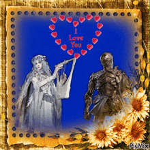 a picture of a woman holding a harp and a knight with the words i love you on it
