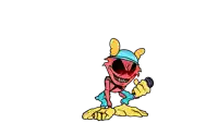 a cartoon character is holding a microphone in his hand and wearing a blue hat .
