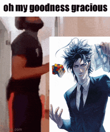 a man in a suit is standing next to a picture of a man in a suit