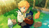 a boy is kneeling down holding a white rabbit