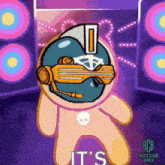 a cartoon character wearing a helmet and sunglasses says it 's blockchain bunch